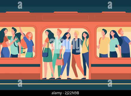 Crowd of happy people travelling by subway train. Passengers standing in overcrowded subway car at station. Cartoon illustration for overpopulation, r Stock Vector