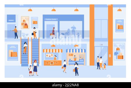 Department store interior with customers. People shopping in city mall, walking through building halls past windows, carrying bags. For market, sale, Stock Vector