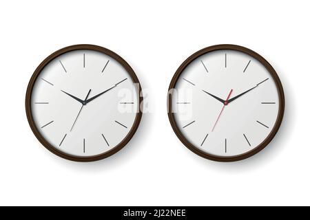 Vector 3d Realistic Wooden Dark Brown Wall Office Clock Icon Set. Design Template of Wall Clock Closeup Isolated on White. Mock-up for Branding and Stock Vector