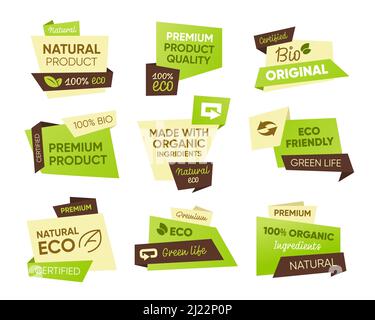 Fresh eco food tags set. Stickers with natural, bio, organic product text samples. Badges templates for healthy food emblems, farm market, vegan or ve Stock Vector