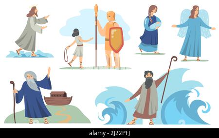 Holy bible Christian characters set. Noah and Virgin Mary, Judah and Moses, angel and Jesus. Vector illustrations for religion, traditional biblical s Stock Vector