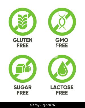 Gluten, GMO, Sugar, Lactose free signs. Set of green symbols with text for allergy, healthy food, natural organic products concept. Vector illustratio Stock Vector