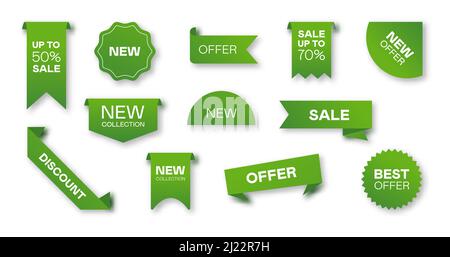 Different sale green ribbons flat icon set. Price badges, special offer labels and discount stickers isolated vector illustration collection. Promotio Stock Vector