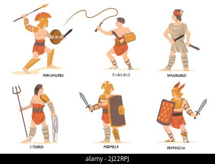 Gladiators characters set. Ancient Roman and Greek warriors, mythology characters, Spartan soldiers with swords and shields. Vector illustration for h Stock Vector