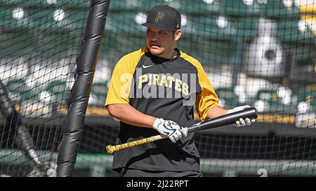 Bradenton, United States. 29th Mar, 2022. Pittsburgh Pirates's Brendt Citta  (L) congratulates Kevin Newman (C) and Cole Tucker (R) after Newman's  three-run home off Boston Red Sox reliever Jake Diekman during the