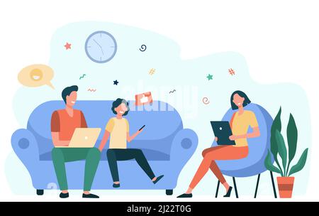 Parents couple and kid using gadgets. Social media addicted family with laptop, tablet and phone sitting together. Flat vector illustration for intern Stock Vector
