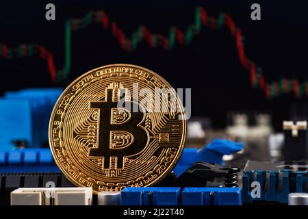 Bitcoins and virtual money concept. Gold bitcoins on a stack of coins with chart of growing and falling valuance of a cryptocurrency. Mining or blockc Stock Photo