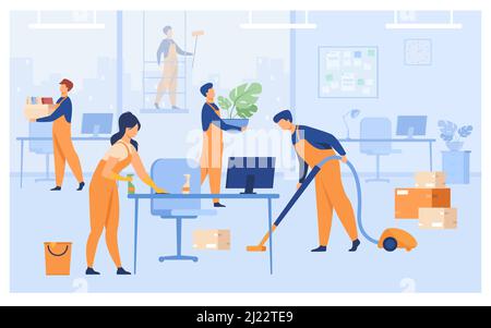 Cleaning service in office, janitors team in uniform housekeeping work ...