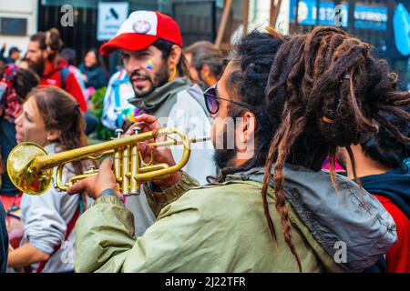Man playing the trumpet. March for Memorial Day. 46 years after the coup by the civic-military dictatorship in Argentina. Stock Photo