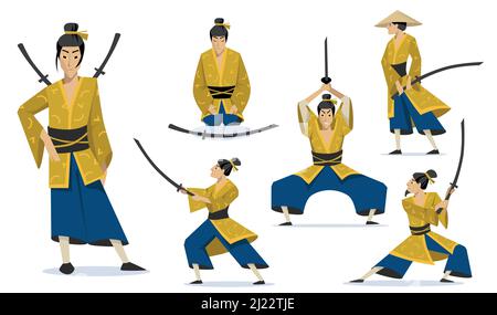 Samurai in different poses set. Traditional Japanese warriors wearing kimono, walking, meditating, training fighting skills. For Japan history, Asian Stock Vector