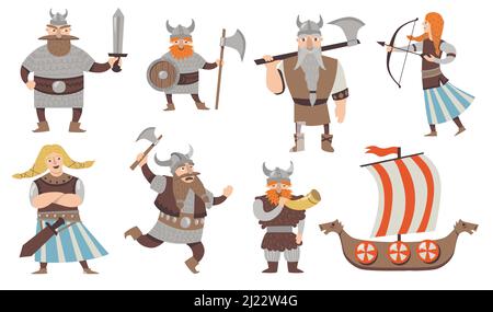 Scandinavian Vikings set. Medieval cartoon character, warriors and soldiers in armors with axes, traditional sailboat. Isolated vector illustration fo Stock Vector