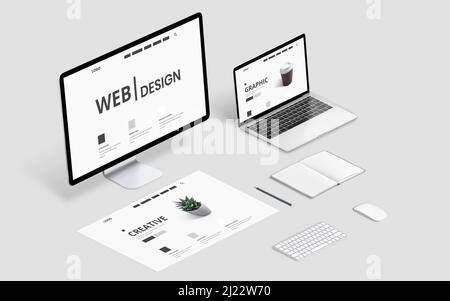 Isometric web design studio desk with computer display, laptop and concept page layout Stock Photo