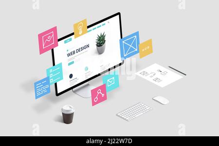 Creative web design studio with flying web page layout elements concept Stock Photo