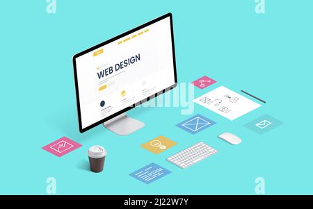 Web design company page layout isometric view computer desk. Page parts on blue work desk Stock Photo