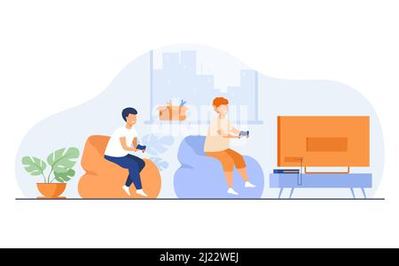 Two happy excited teen kids sitting on sofa at TV with gamepads and playing videogame. Vector illustration with cartoon characters for playing games, Stock Vector