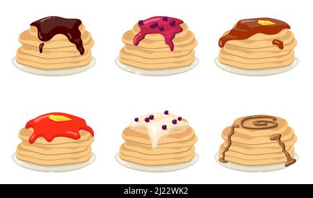 Stack of pancakes set. American breakfast dish with various toppings, blueberry jam, chocolate syrup. Vector illustrations for cafe menu, bakery, baki Stock Vector
