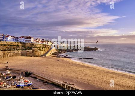 The beach and village of Ericeira overlooking the Atlantic Ocean. Portugal Stock Photo