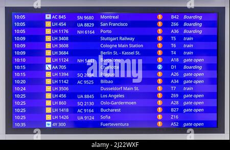 Frankfurt, Germany - February 7, 2022: departure board with actual information about gate and departing flight. Stock Photo