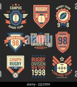 College rugby and american football team, campus, college badges, logos  labels insignias in retro style graphic vintage