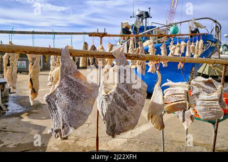 Ray fish drying under the sun and wind, on the street. Ericeira, Portugal Stock Photo