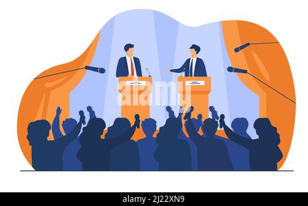 Politicians talking or having debates in front of audience flat vector illustration. Cartoon male public speakers standing on rostrum and arguing. Pol Stock Vector