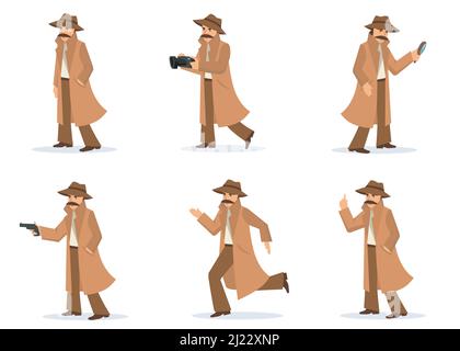 Private detective set. Investigator in different actions and poses, inspector with moustache wearing coat and hat, taking picture, aiming gun. For inv Stock Vector