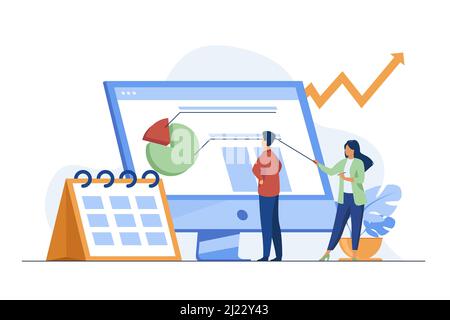 Young tiny analysts preparing monthly report. Calendar, chart, arrow flat vector illustration. Statistics and digital technology concept for banner, w Stock Vector