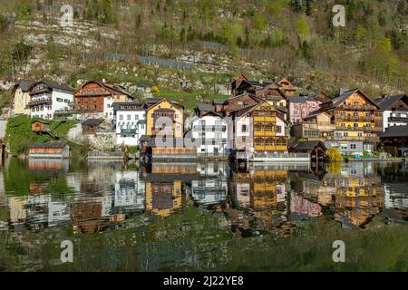 Hallstatt, Austria - April 22, 2015: Hallstatt town with traditional wooden houses, Austria, Europe Stock Photo
