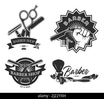 Vintage barbershop flat labels set. Monochrome emblems with barber pole scissors, shaving brush and hand holding razors vector illustration collection Stock Vector