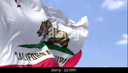 The California Republic flag with the grizzly bear Monarch waving in the wind. Patriotism and freedom. American state of California Stock Photo