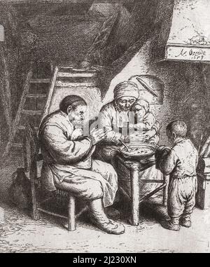 A poor peasant family say grace before starting their meal from a communal plate.  After a work by Adriaen van Ostade dated 1653. Stock Photo