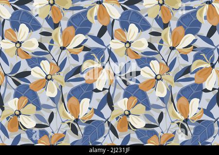 Vector floral seamless pattern. Beige and orange flowers, blue leaves on a light blue background. Stock Vector