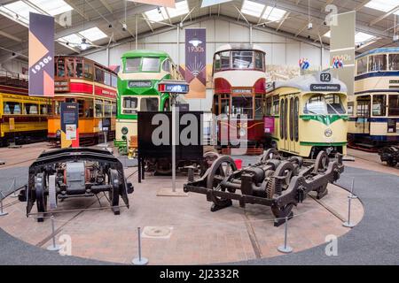 Derbyshire, UK – 5 April 2018: Beautifully restored vintage trams and part on display at Crich Tramway Village, the national tram museum Stock Photo
