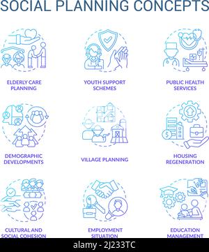 Social planning blue gradient concept icons set Stock Vector