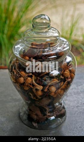 Glass jar containing dried seeds Stock Photo