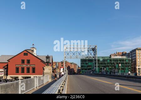 Boston, USA - September 12, 2017: pier with historic building of the harbor site where the Boston tea party took place. The Boston Tea Party was a pol Stock Photo