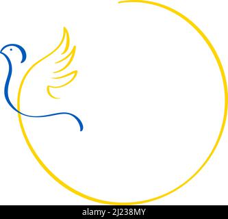 Calligraphy linear dove and frame for text in colors of Ukrainian flag. Stop the war in Ukraine. A symbol of peace. Vector illustration isolated on Stock Vector