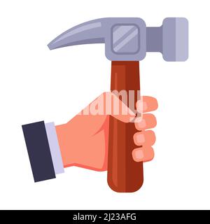 man holds a hammer in his hand. household tool. flat vector illustration. Stock Vector