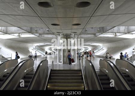 Gare do Oriente train station concourse with escalators connecting metro and train platforms, located in Parque das Nacoes district of Lisbon Portugal Stock Photo