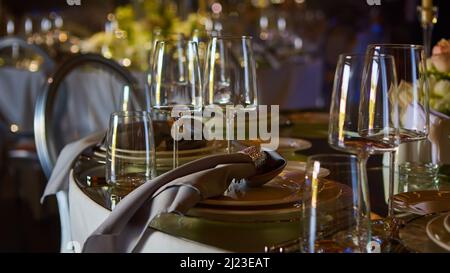 Table set for wedding or another catered event dinner. Stock Photo