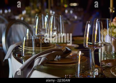 Table set for wedding or another catered event dinner. Stock Photo