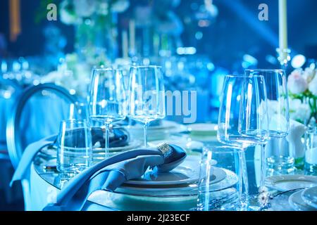 Table set for wedding or another catered event dinner. Stock Photo