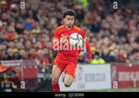 Cardiff, Wales, UK. 29th Mar, 2022. Brennan Johnson of Wales during the friendly international between Wales and Czech Republic in aid of the Ukraine humanitarian appeal at the Cardiff City Stadium. Credit: Mark Hawkins/Alamy Live News Stock Photo