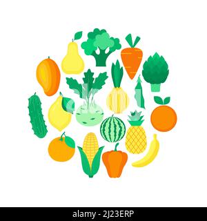 Set of  fruits, vegetables in yellow, orange, green colors. Healthy lifestyle. Vector illustration in flat style. Stock Vector