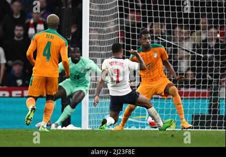 London, UK. 29th Mar, 2022. Raheem Sterling (England) scores the 2nd England goal during the International Friendly match between England and Ivory Coast at Wembley Stadium on March 29th 2022 in London, England. (Photo by Garry Bowden/phcimages.com) Credit: PHC Images/Alamy Live News Stock Photo