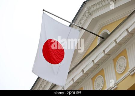 Japanese flag on the building top on sky background, authority of Japan Stock Photo