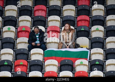 Newport, Wales. 29 March, 2022. Two Bulgaria fans before the UEFA European Under-21 Championship Qualifier Group E match between Wales U21 and Bulgaria U21 at Rodney Parade in Newport, Wales, UK on 29, March 2022. Credit: Duncan Thomas/Majestic Media. Stock Photo