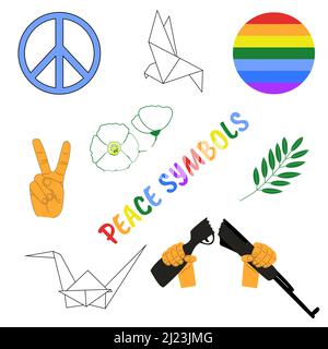 Peace symbols set. Two thumbs up, white origami dove and crane, olive branch, white shirley, rainbow colors, hands breaking a rifle. Elements for no war concept. Vector illustration Stock Vector