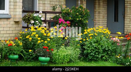 The porch od small house in rural style surrounded by perennial and annual colorful flowers  in summer. Stock Photo
