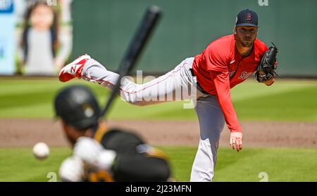 Bradenton, United States. 29th Mar, 2022. Pittsburgh Pirates's Brendt Citta  (L) congratulates Kevin Newman (C) and Cole Tucker (R) after Newman's  three-run home off Boston Red Sox reliever Jake Diekman during the